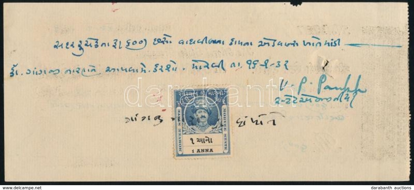 Cca 1943 India, Mowri állam Csekk, 1A Illetékbélyeggel / India Cheque With Document Stamp - Ohne Zuordnung