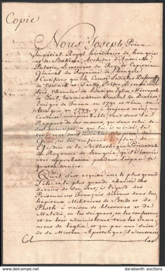 1817 József Nádor 1816. évi Tanúságlevelének Hiteles Másolata, Amelyben Ismerteti Dessewffy László Esztergomi Kanonok, é - Unclassified