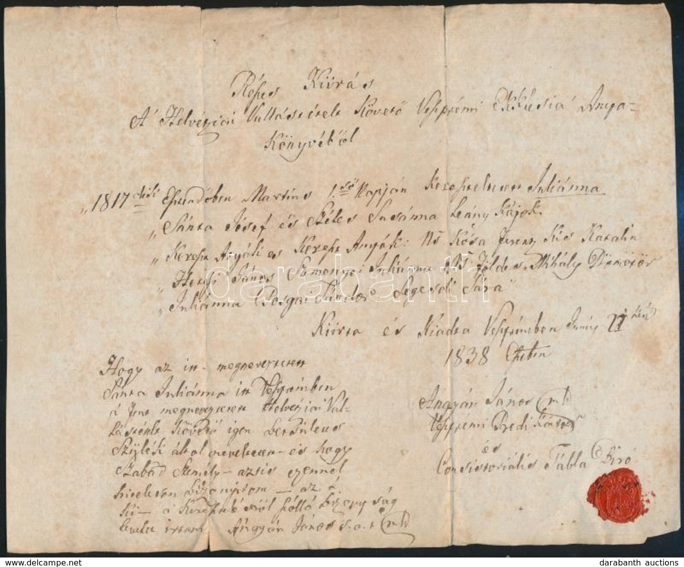 1838 Veszprémi Eklézsia Anyakönyvi Kivonata Viaszpecséttel - Sin Clasificación