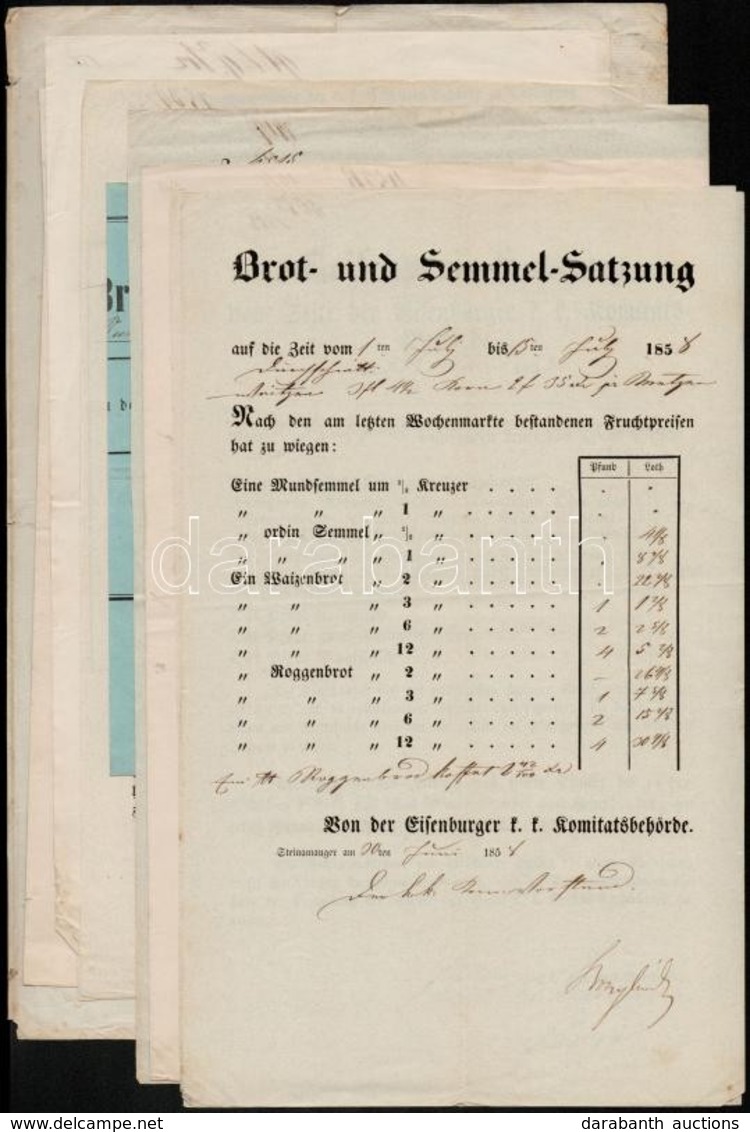 1858 Kenyér- Hús- és Egyéb élelmiszer árszabás, 10 Db, Német Nyelven - Sin Clasificación