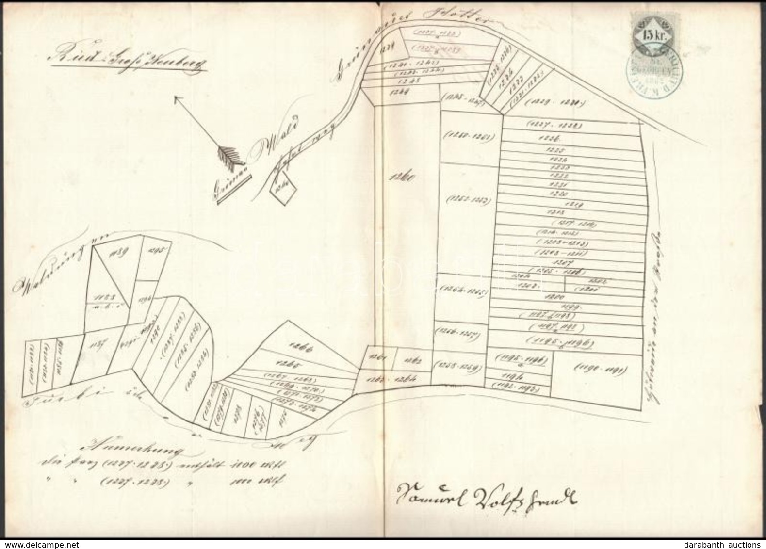 1862 Földbirtok Kézzel Rajzolt Telektérképe, 15 Kr Okmánybélyeggel - Unclassified