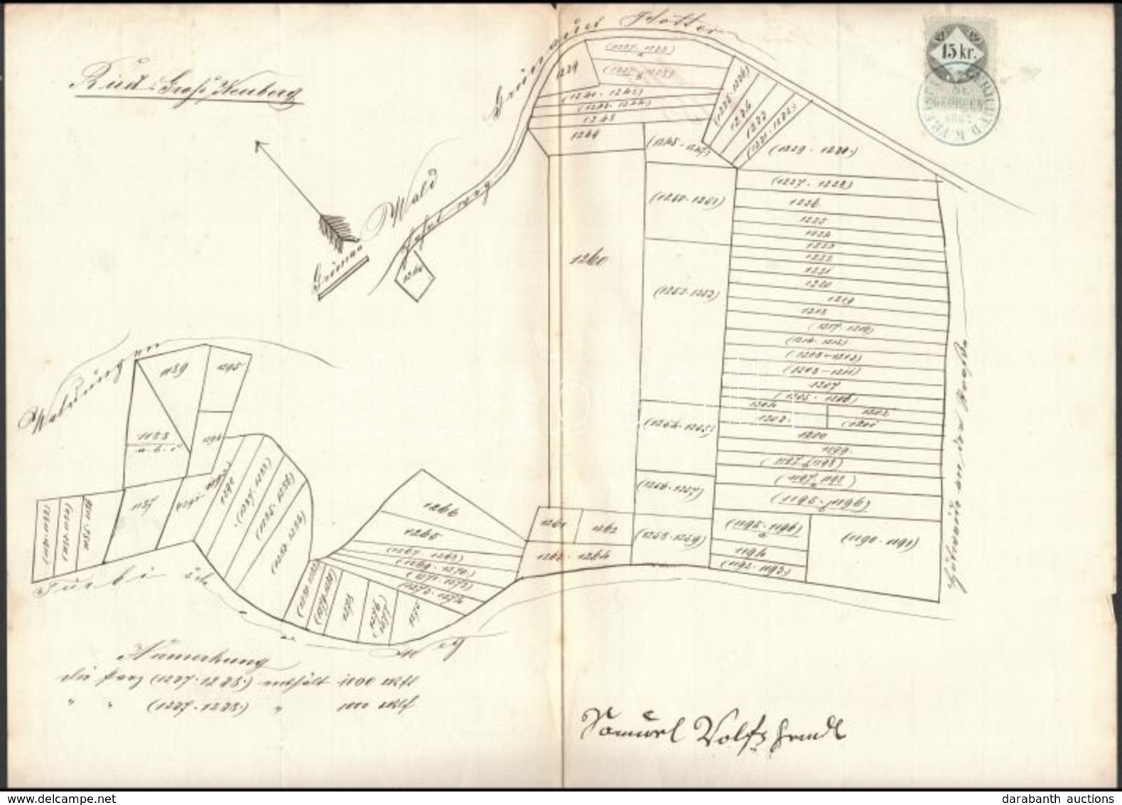 1862 Földbirtok Kézzel Rajzolt Telektérképe, 15 Kr Okmánybélyeggel - Sin Clasificación