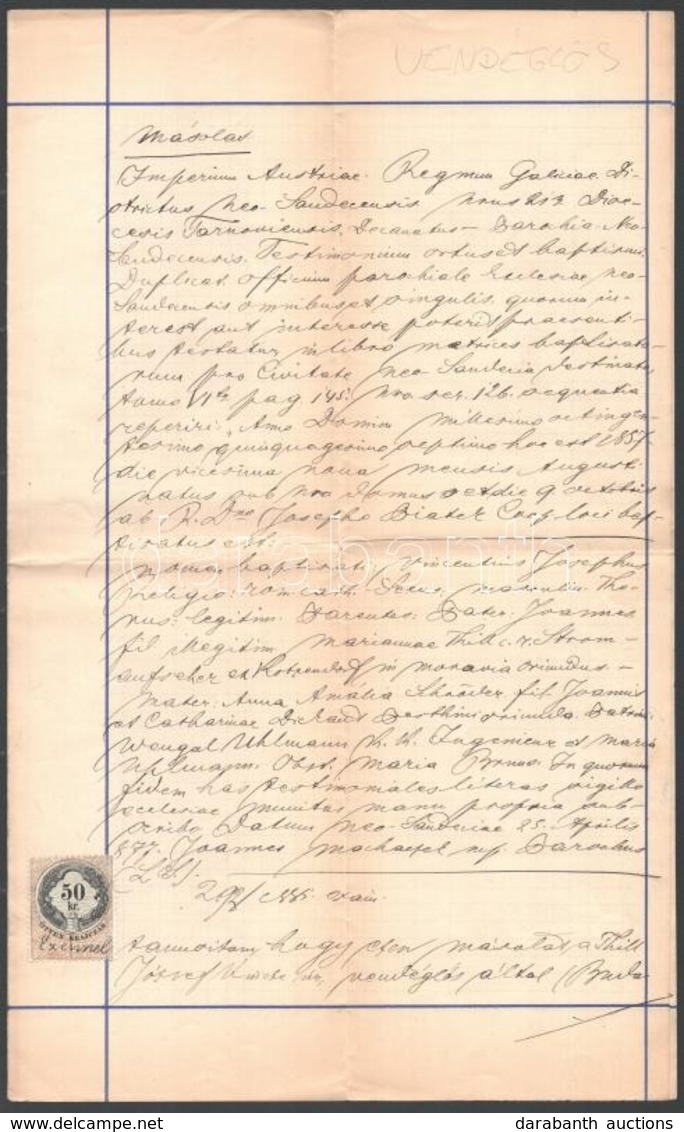 1885 Közjegyzői Okirat Másolata 50 Kr Okmánybélyeggel - Unclassified