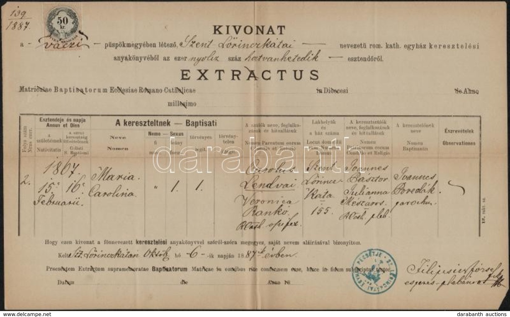 1887 Szentlőrinckáta, Születési Anyakönyvi Kivonat, 50 Kr Okmánybélyeggel - Unclassified