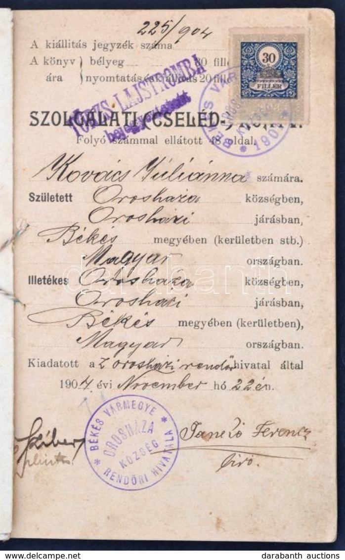 1904 Orosháza, Szolgálati Cselédkönyv, Bejegyzésekkel - Sin Clasificación