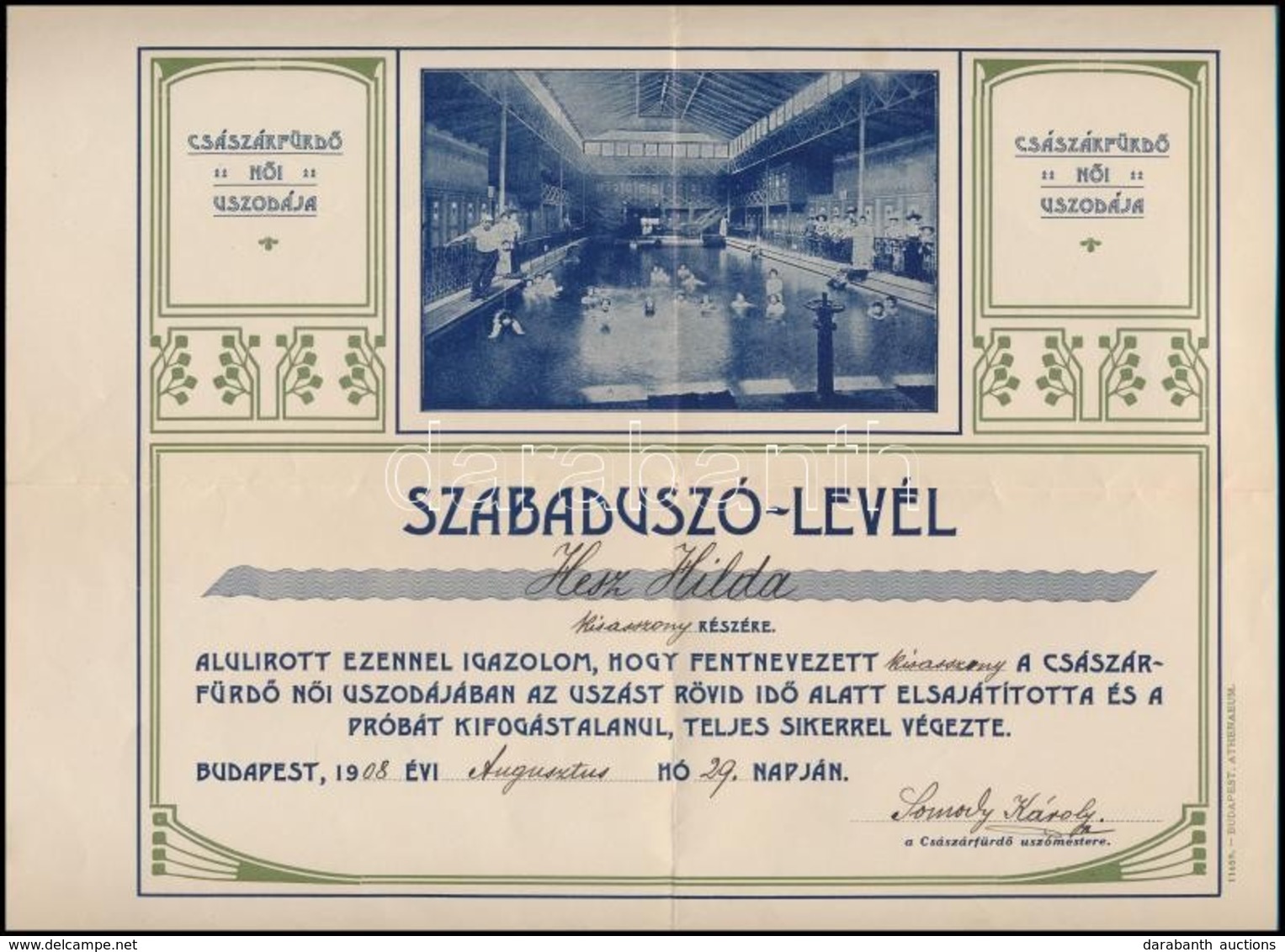 1908 A Császárfürdő Női Uszodájába Szóló Díszes, Szecessziós Szabadúszó-levél - Ohne Zuordnung