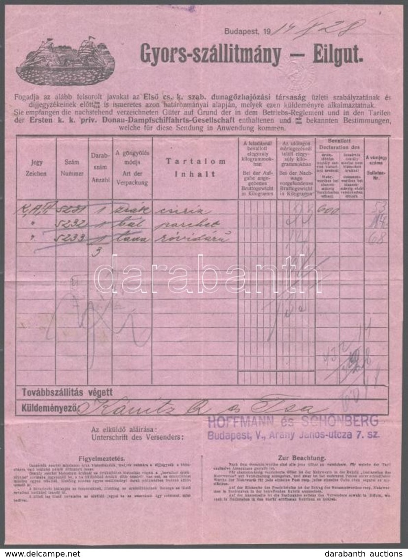 1914 Első Cs. K. Szab. Dunagőzhajózási Társaság Számla, Budapest-Baja Vonalon Való Szállításról - Ohne Zuordnung