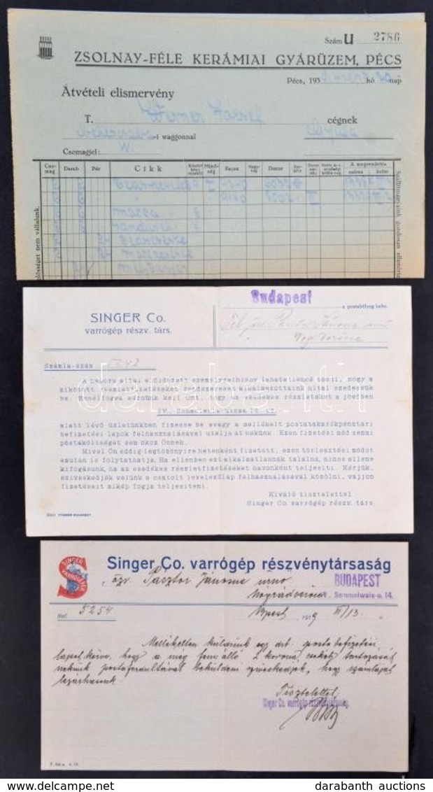 Cca 1919-1930 3 Db Fejléces Számla: Singer Rt. és Zsolnay - Ohne Zuordnung