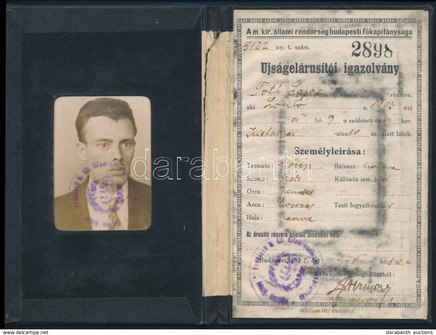 1932  Fényképes újságelárusítói Igazolvány - Unclassified