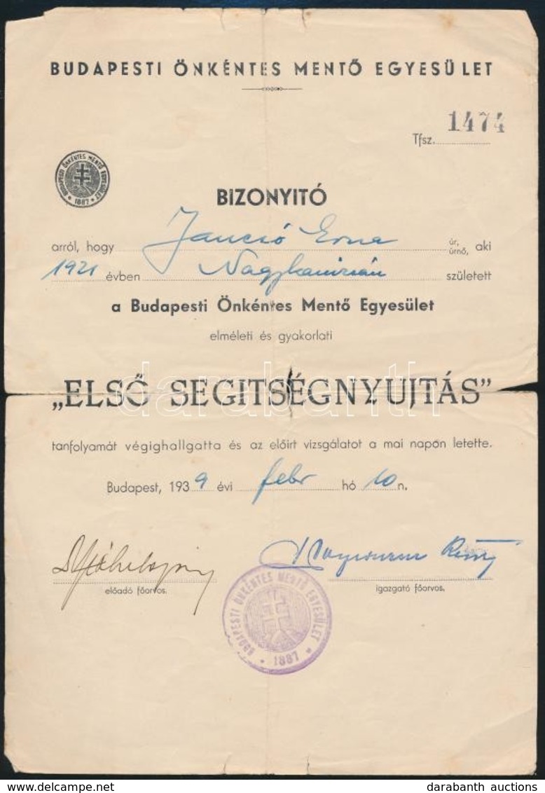 1939 Budapesti Önkéntes Mentő Egyesület Elsősegélynyújtó Oklevél - Unclassified