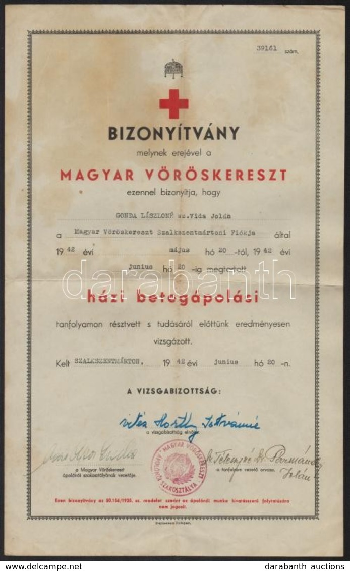 1942 Vöröskereszt Bizonyítvány Vitéz Horthy Istvánné Aláírásával. - Ohne Zuordnung