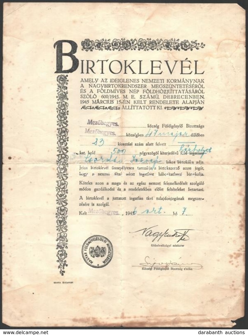 1946 Mezőhegyes: Birtoklevél Nagy Imre Miniszer Nyomtatott Aláírásával - Unclassified