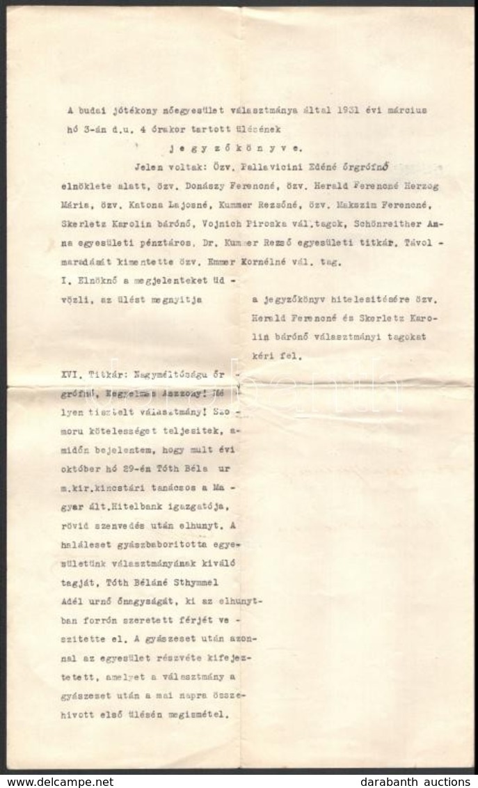 1931 A Budai Nőegyesület Választmányának 1931. Márc. 3-án Tartott ülésének Gépelt Jegyzőkönyve, özv. Herald Ferencné Her - Unclassified