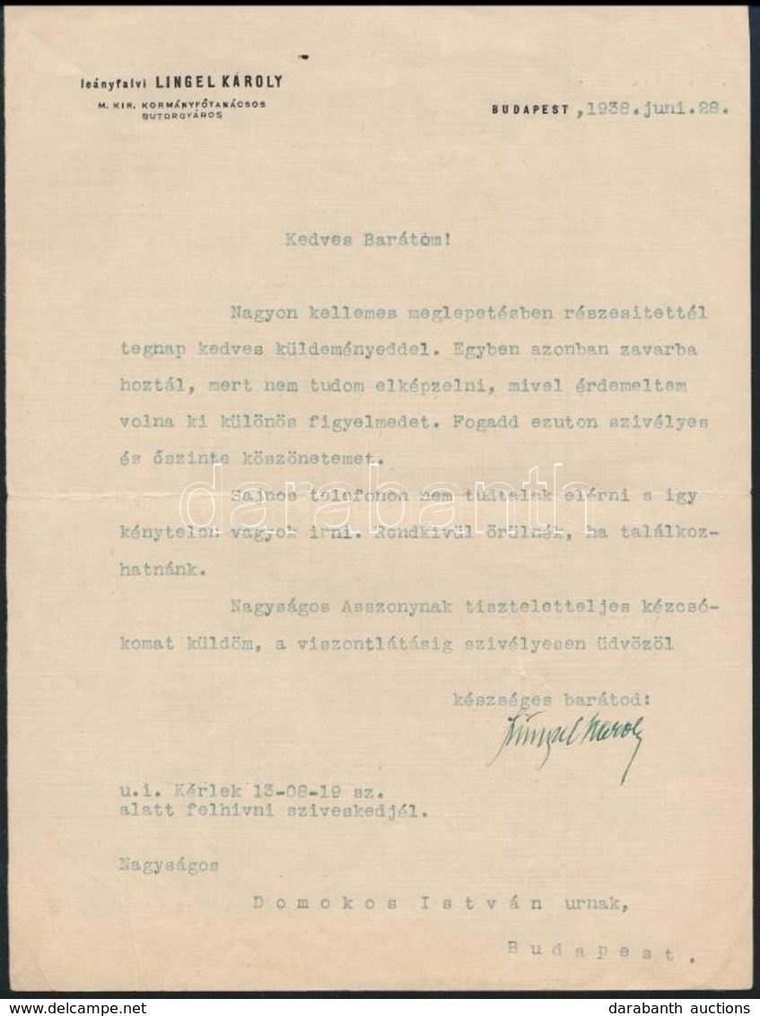 1938 Leányfalvi Lingel Károly Kormányfőtanácsos, Bútorgyáros Gépelt, Aláírt Levele Azonosítatlan Címzettnek Személyes üg - Non Classés