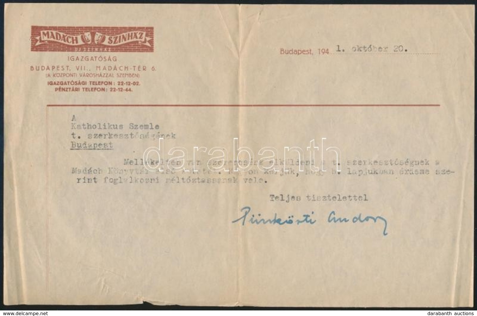 1941 Madách Színház 2 Db Okmány. Pünkösti Andor, Dr. Staudt Géza Aláírásával - Ohne Zuordnung