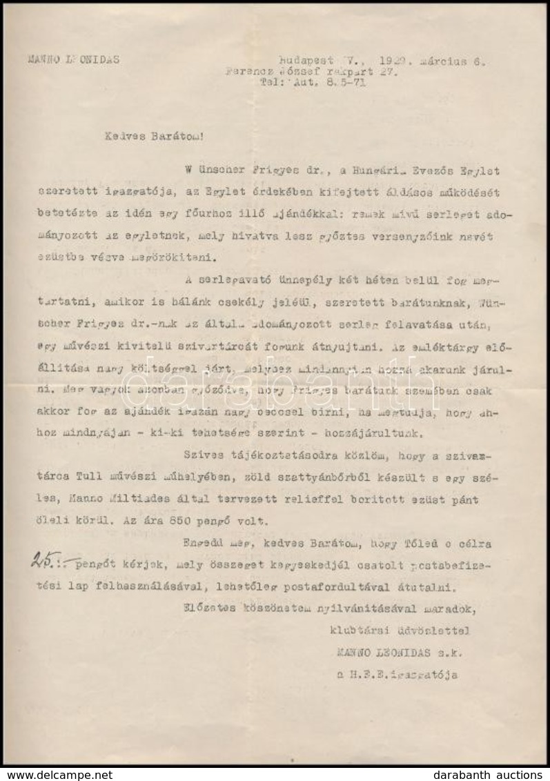 Manno Leonidas (1878-1941) Olimpikon Futó, Hungária Hajós Egylet Serleg Készítésére Pénzt Kérő, és Az Ezzel Kapcsolatos  - Ohne Zuordnung