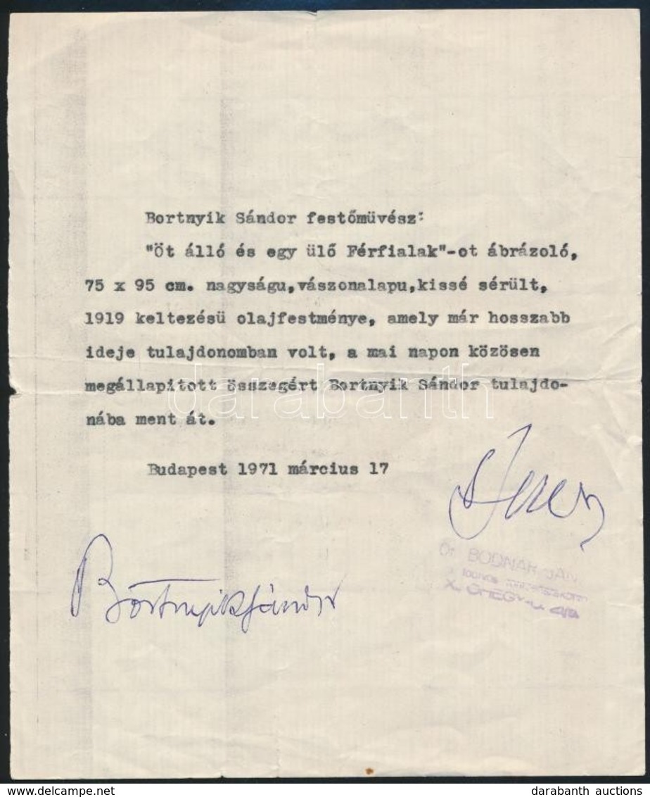 1971 Bortnyik Sándor (1893-1976) Aláírása Az 'Öt álló és Egy ülő Férfialak' C. Művének Visszavásárlási  Elismervényén. - Autres & Non Classés