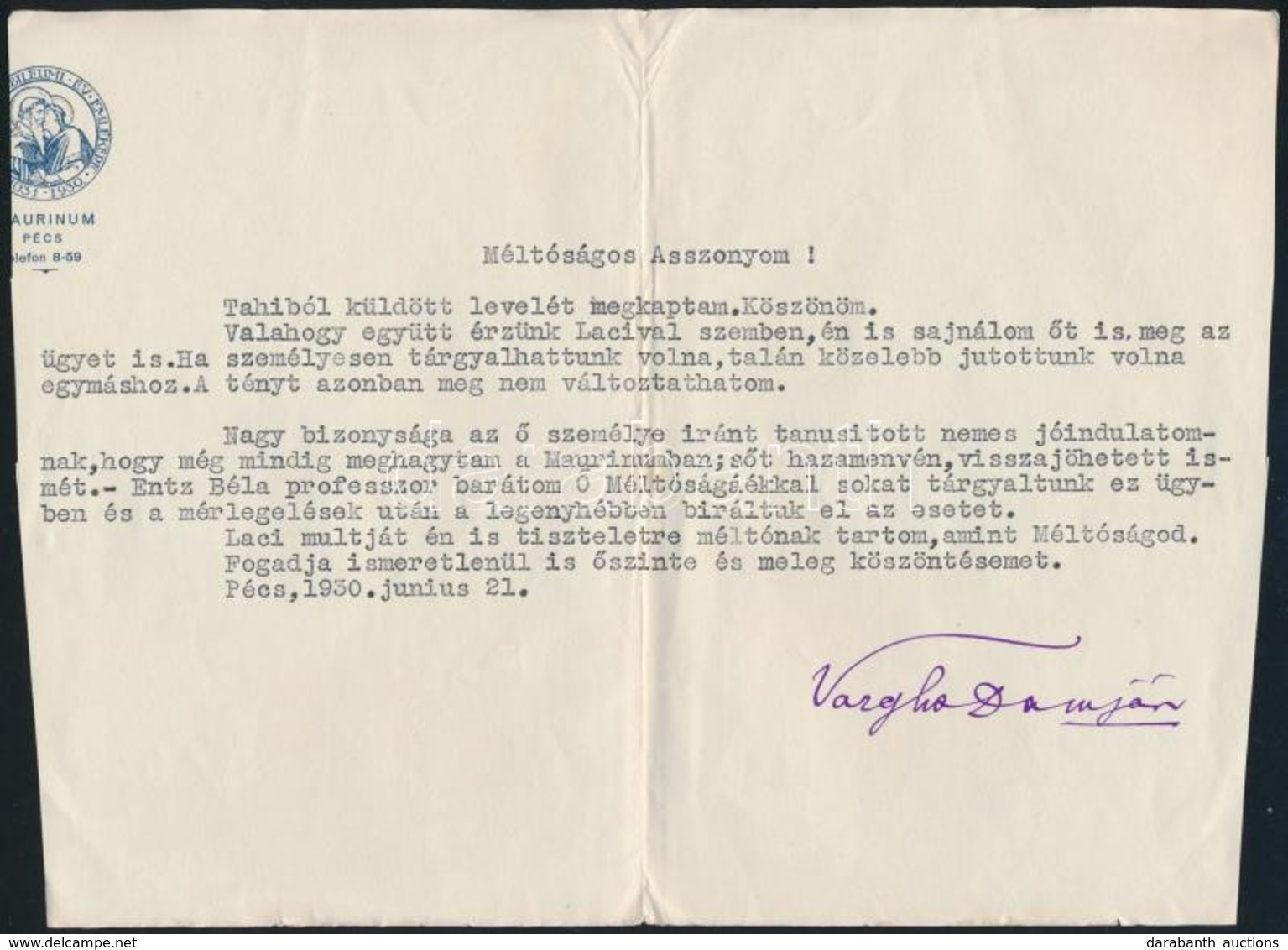 1930 Vargha Damján (1873-1956) Egyetemi Tanár, Irodalomtörténész, MTA Tag, Pécsi Egyetemi Rektor (1941/1942) Gépelt Sora - Sonstige & Ohne Zuordnung