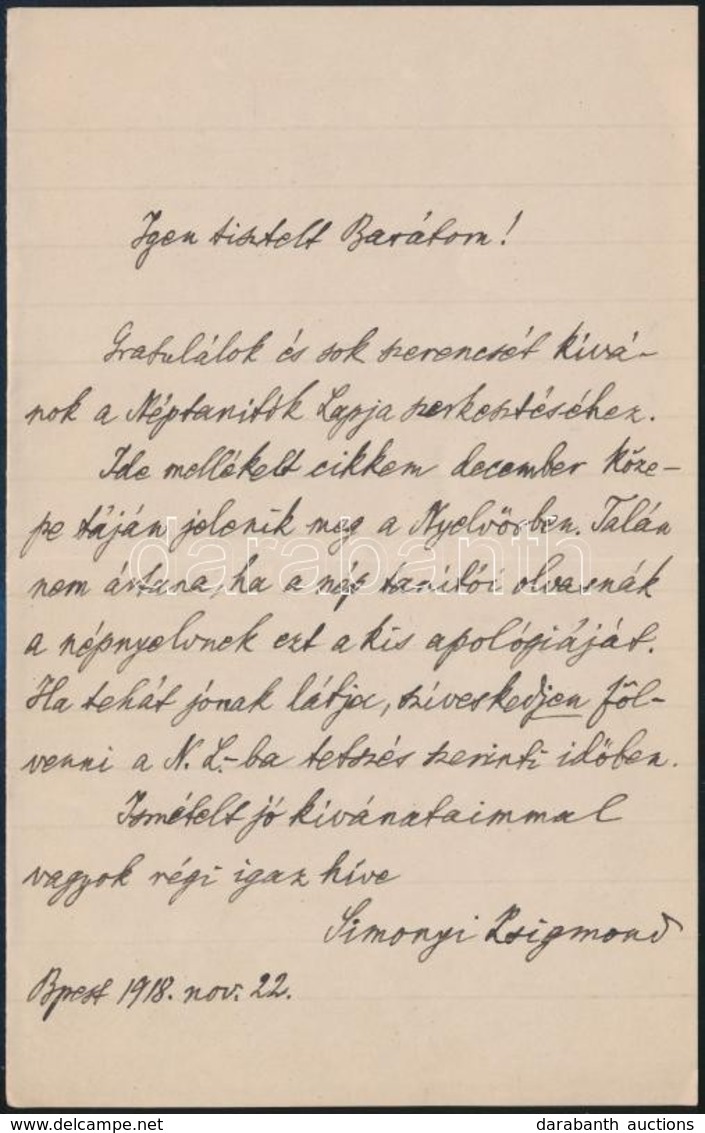 1918 Simonyi Zsigmond (1853-1919) Nyelvtudós, Egyetemi Tanár Saját Kézzel írt Levele, Benne Gratulációja Zigány Zoltánna - Sonstige & Ohne Zuordnung