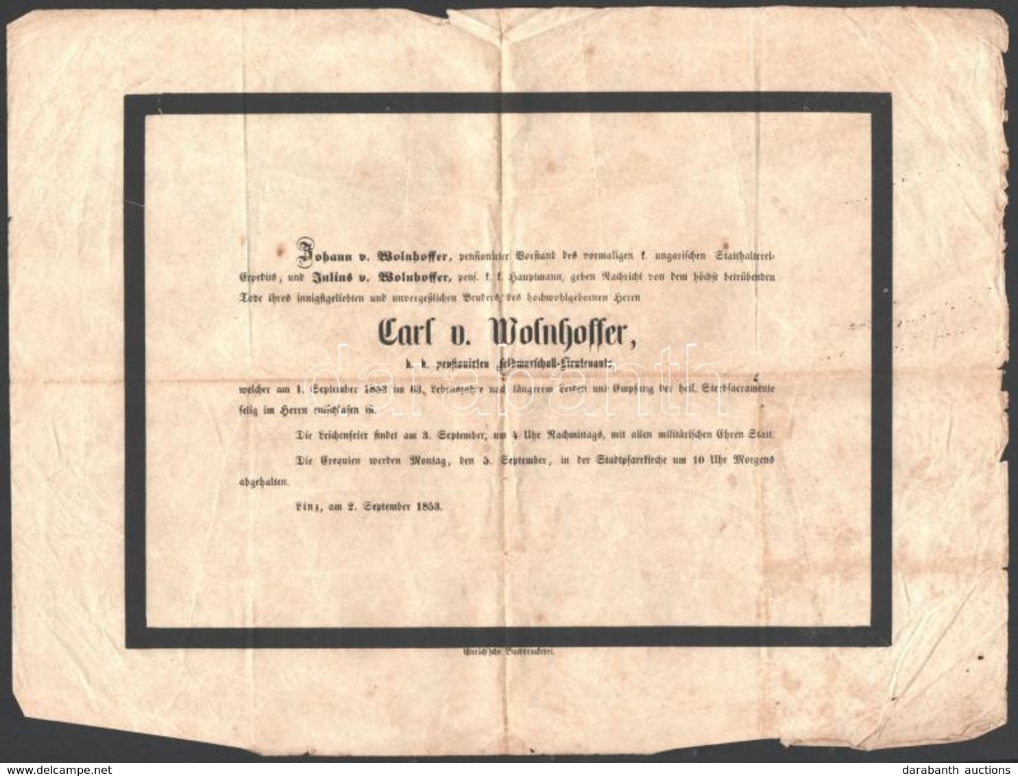 1853 Linz, Carl Von Wolnhoffer (1790-1853) Cs. és Kir. Ny. Altábornagy Német Nyelvű Halálozási értesítője, Hajtásnyomokk - Otros & Sin Clasificación