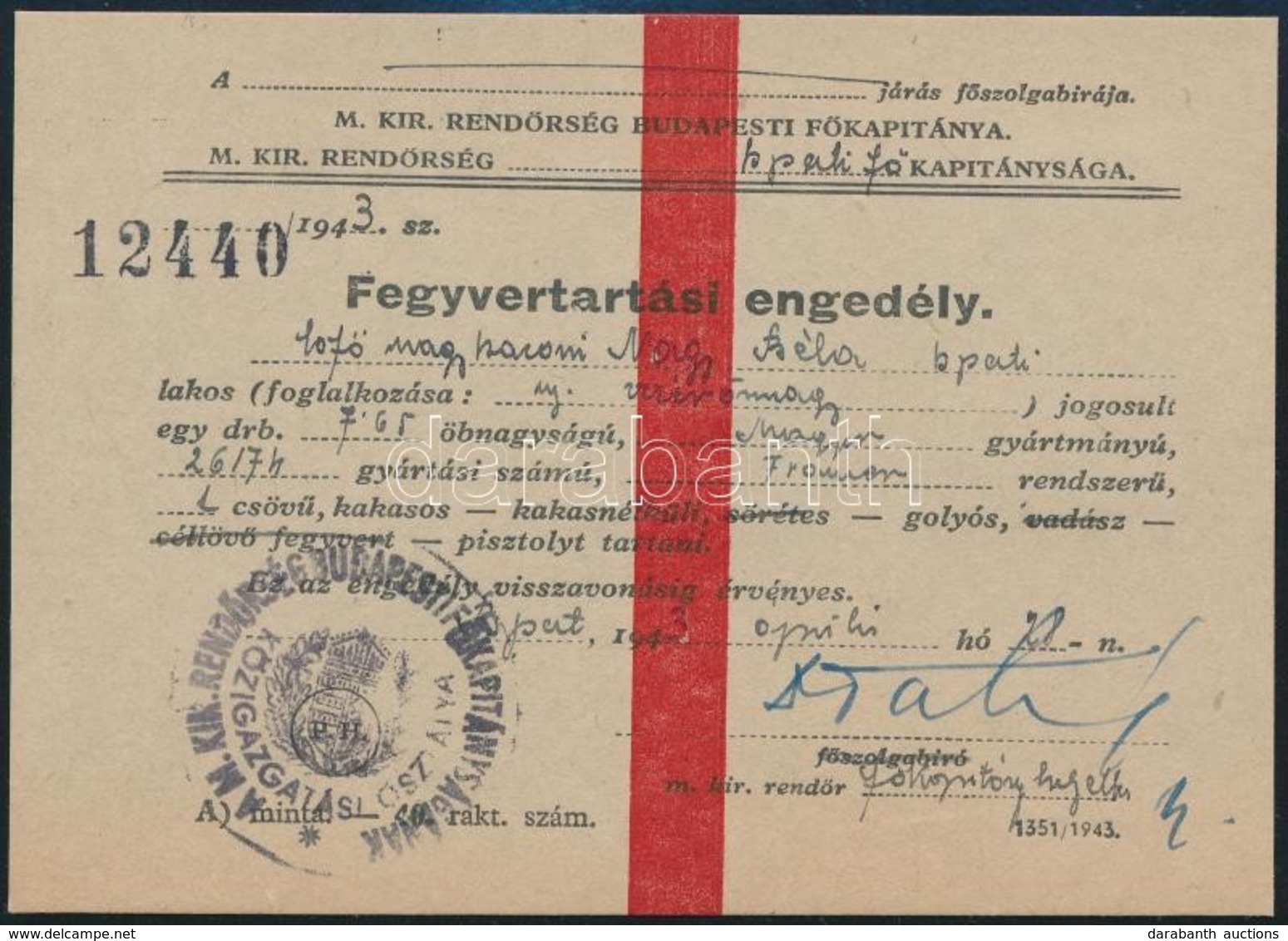1943 Bp., Fegyvertartási Engedély Nagy Béla (1882-1962) Tábornok Részére - Other & Unclassified
