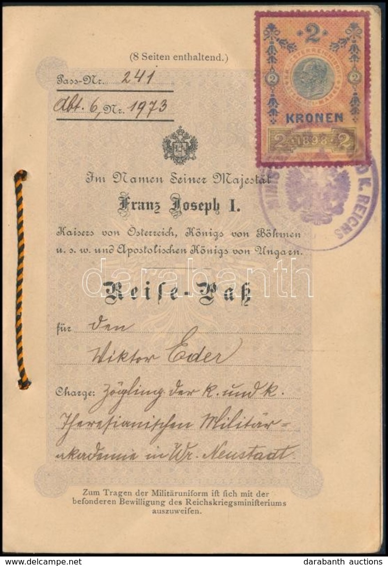 1909 Osztrák-Magyar Monarchia Német Nyelvű útlevele, Éder Győző (1890-1980) Cs. és Kir. Katonai Akadémiai Kadét, Későbbi - Other & Unclassified