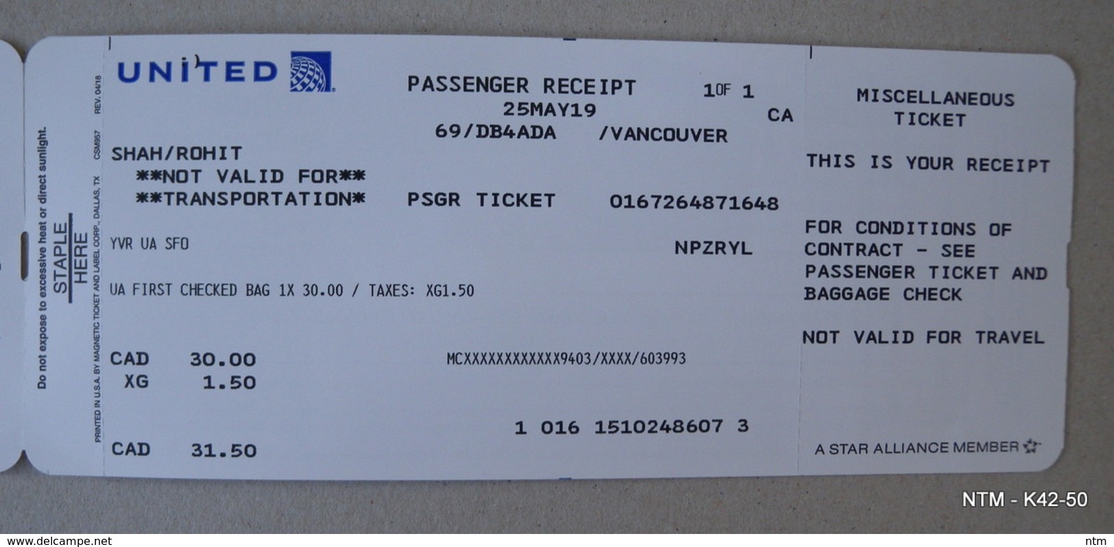 UNITED AIRLINE UA Star Alliance Member, Passengers Receipts - In 2019. International Flight YVR-SFO - Tickets