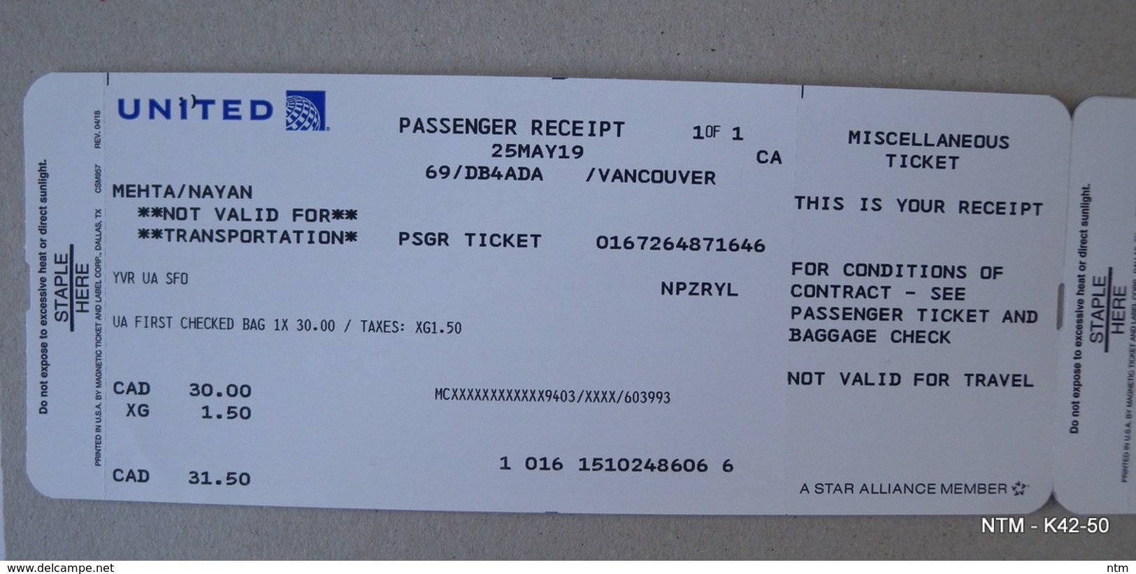 UNITED AIRLINE UA Star Alliance Member, Passengers Receipts - In 2019. International Flight YVR-SFO - Biglietti