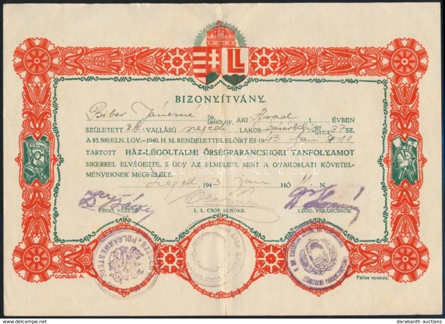 1943 Szegedi Levente Jelvényes Bizonyítvány Ház Légoltalmi őrségparancsnoki Tanfolyamról 20x15 Cm - Other & Unclassified