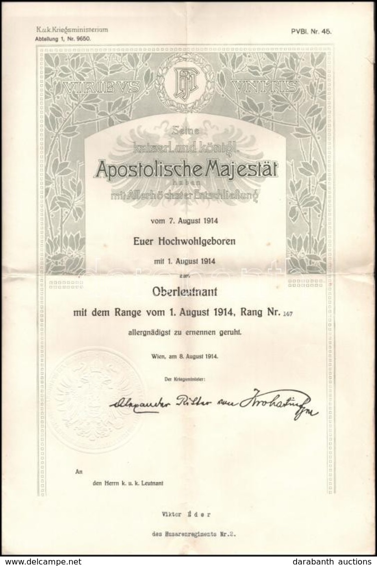 1914 Díszes Főhadnagyi Kinevezés Éder Győző (1890-1980) Cs. és Kir. Huszárhadnagy, A Brassói Cs. és Kir. 2. Huszárezred  - Otros & Sin Clasificación