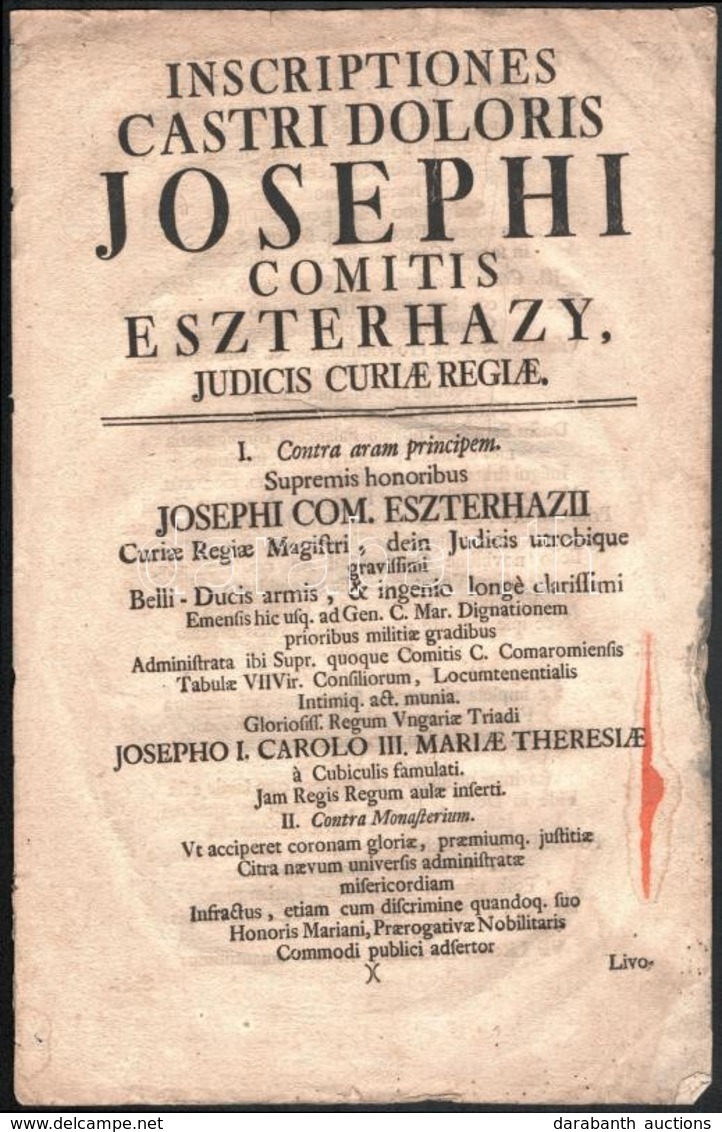 Cca 1748 Inscriptiones Castri Doloris Comitis Eszterházy, Judicis Curiae Regiae. Hn.,ny.n., Foltos, 2 Sztl. Lev. - Non Classificati