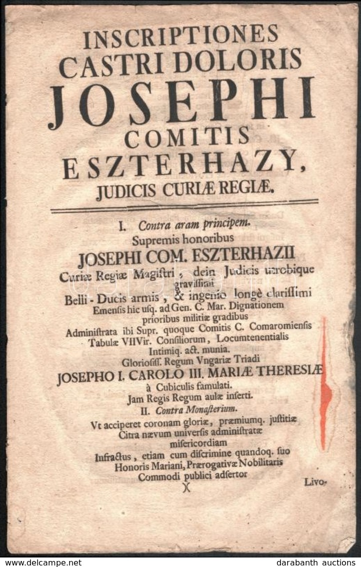 Cca 1748 Inscriptiones Castri Doloris Comitis Eszterházy, Judicis Curiae Regiae. Hn.,ny.n., Foltos, 2 Sztl. Lev. - Non Classés