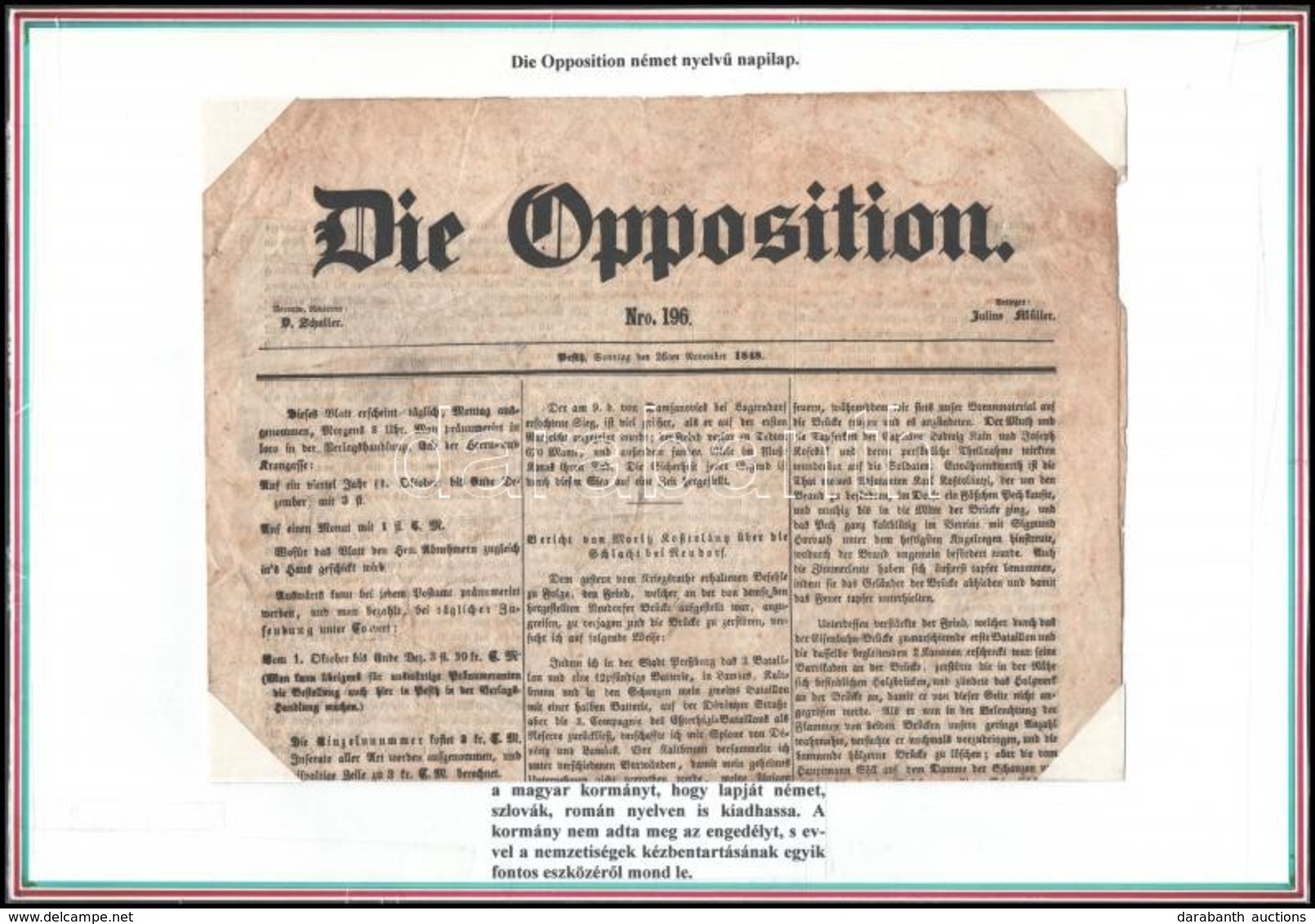 1849 Die Opposition. Nr. 196. 1848. Nov. 26. Benne A Kor Híreivel, Hirdetésekkel, Német Nyelven. 
Pest, Trattner-Károlyi - Non Classificati