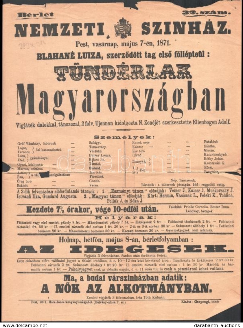 1871 Nemzeti Színház, Blaha Lujza Első Fellépésének Színházi Plakátja, Szakadt, 39,5×31 Cm - Non Classés