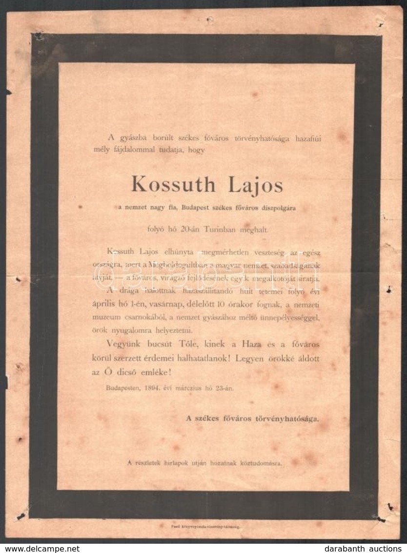 1894 Kossuth Lajos Halálát Hirdető Székesfővárosi Hirdetmény. 26x34 Cm - Non Classificati