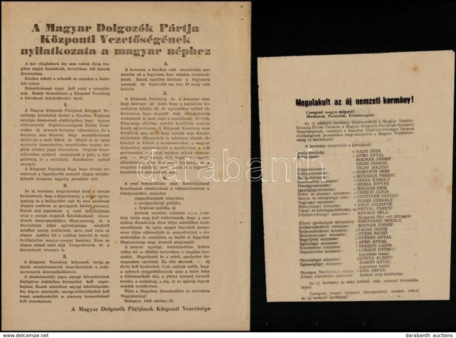 1956 5 Db Forradalmi Röplap és Falragasz: Nagy Imre és Kádár János üzenete, Az új Nemzeti Kormány Névsora,  Hódmezővásár - Non Classés