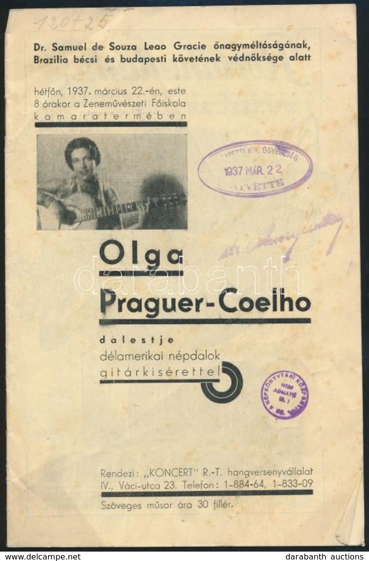 1937 Olga Praguer-Coelho. Koncertműsor. Füzet.10p. - Altri & Non Classificati