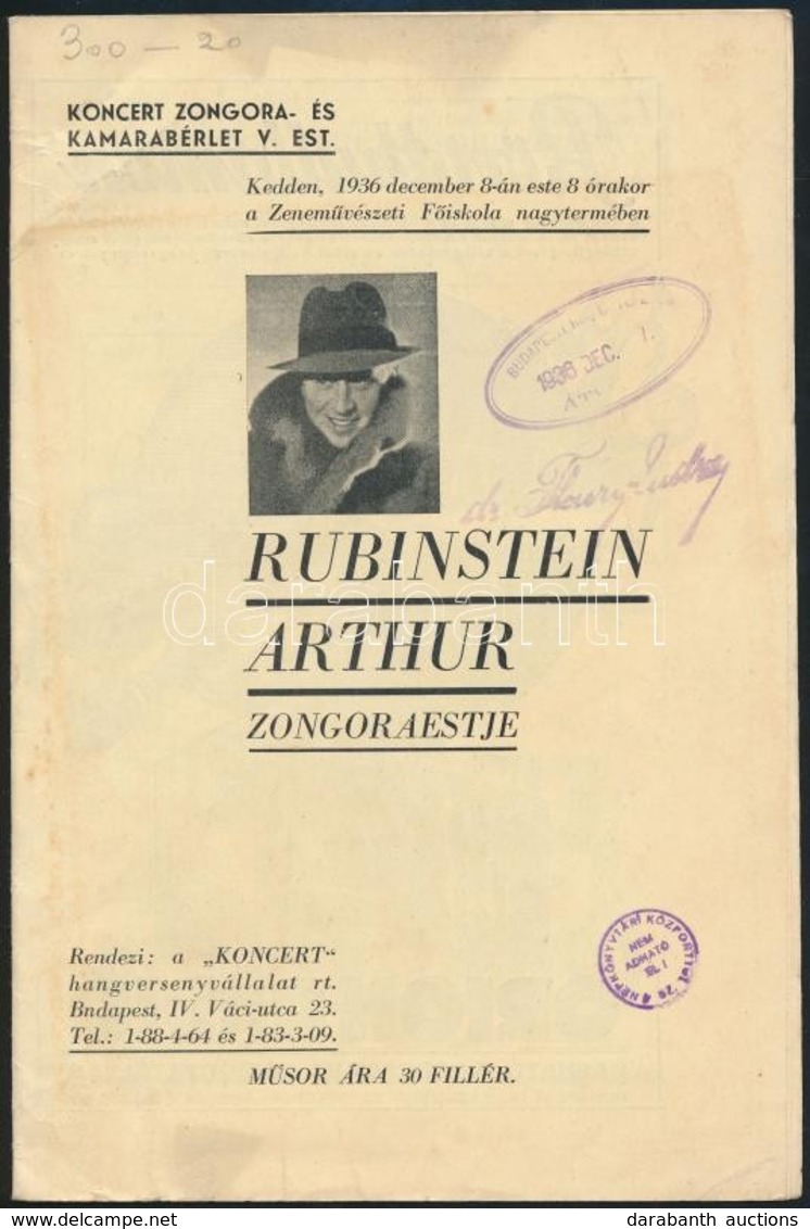 1936 Rubinstein Arthur Zongoraest. Koncertműsor. Füzet.10p. - Otros & Sin Clasificación