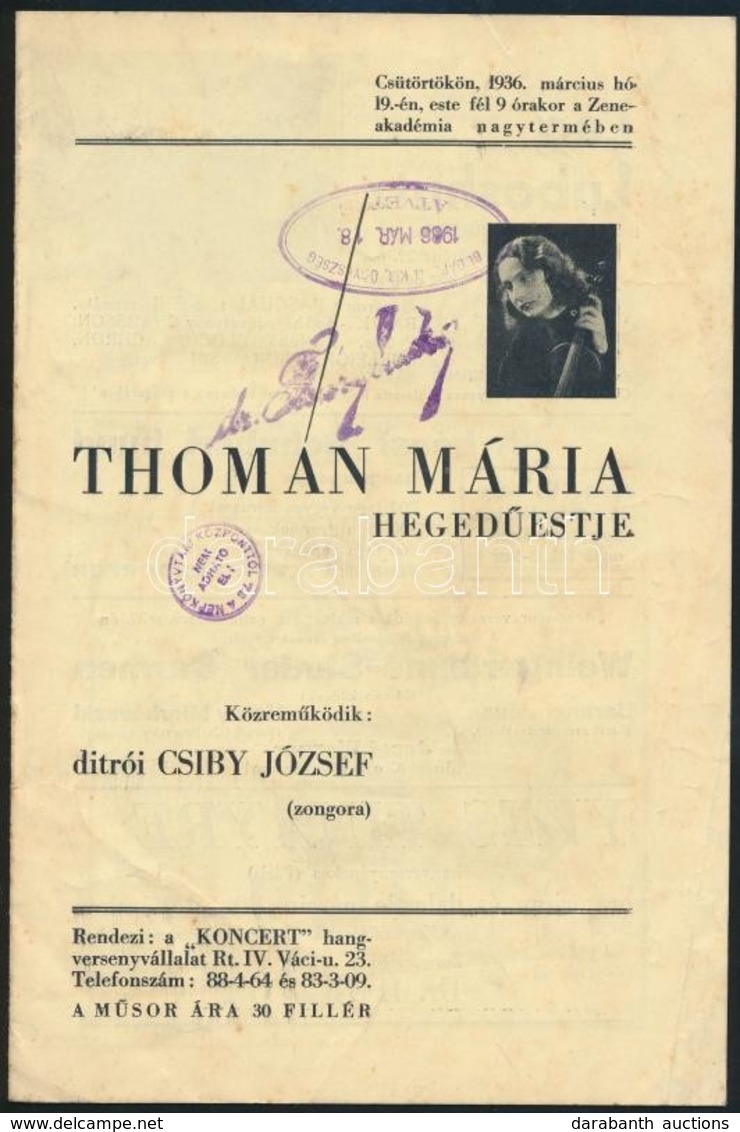 1936 Thomán Mária Hegedűest Koncertműsor. Füzet.12p. - Autres & Non Classés