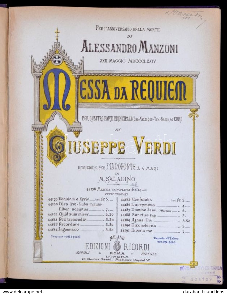 Verdi, Giuseppe: Messa Da Requiem. Milánó, é. N., Edizioni Ricordi. Négykezes Zongorára. Vászonkötésben, Jó állapotban. - Autres & Non Classés