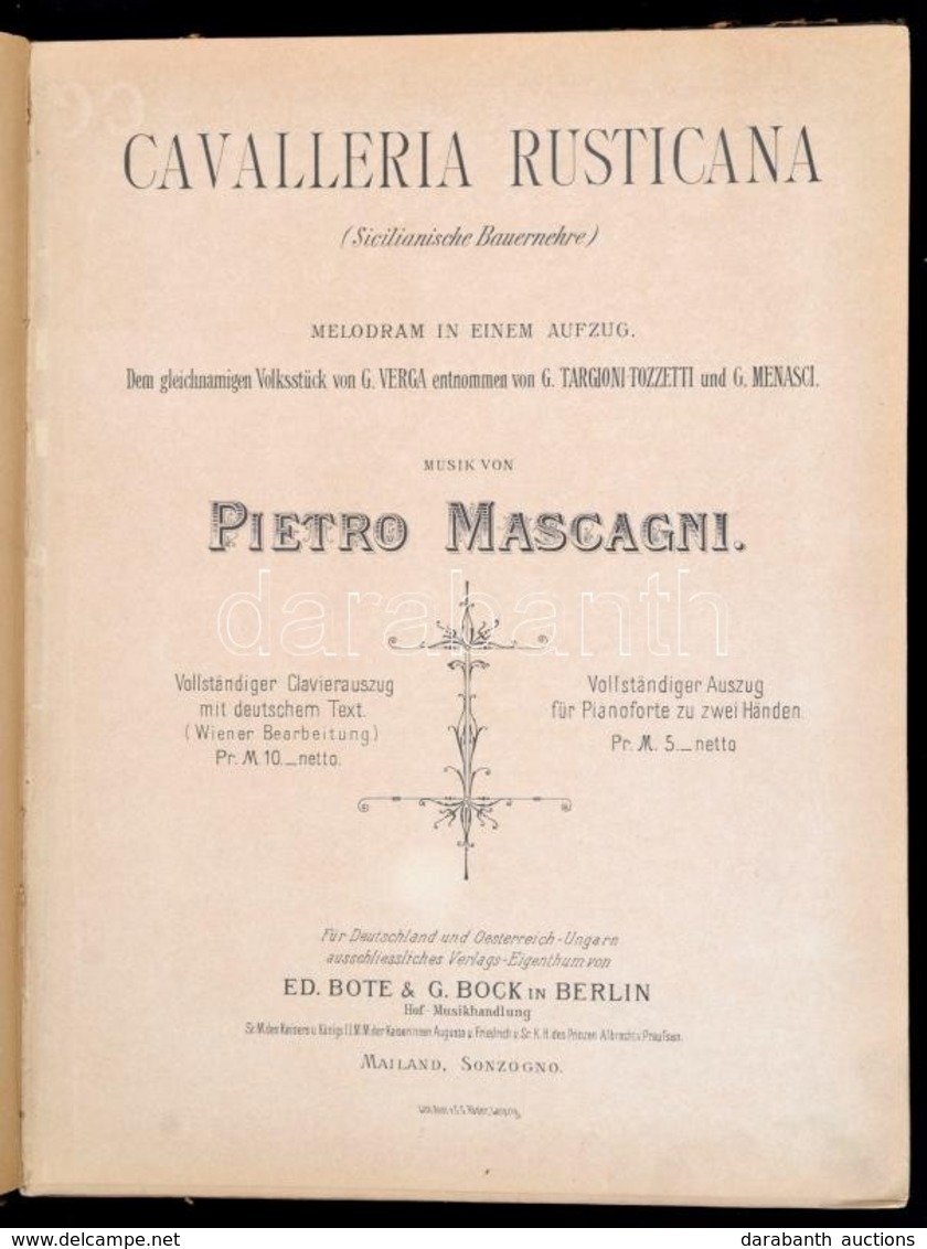 Cca 1860 Pietro Mascagni: Cavalleria Rusticana Kotta Egészvászon Kötésben - Sonstige & Ohne Zuordnung