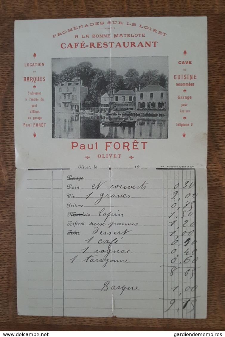 Facture à Entête Avec Vue Du Café-Restaurant "A La Bonne Matelote", Paul Foret à Olivet (Loiret), Location De Barques - 1900 – 1949