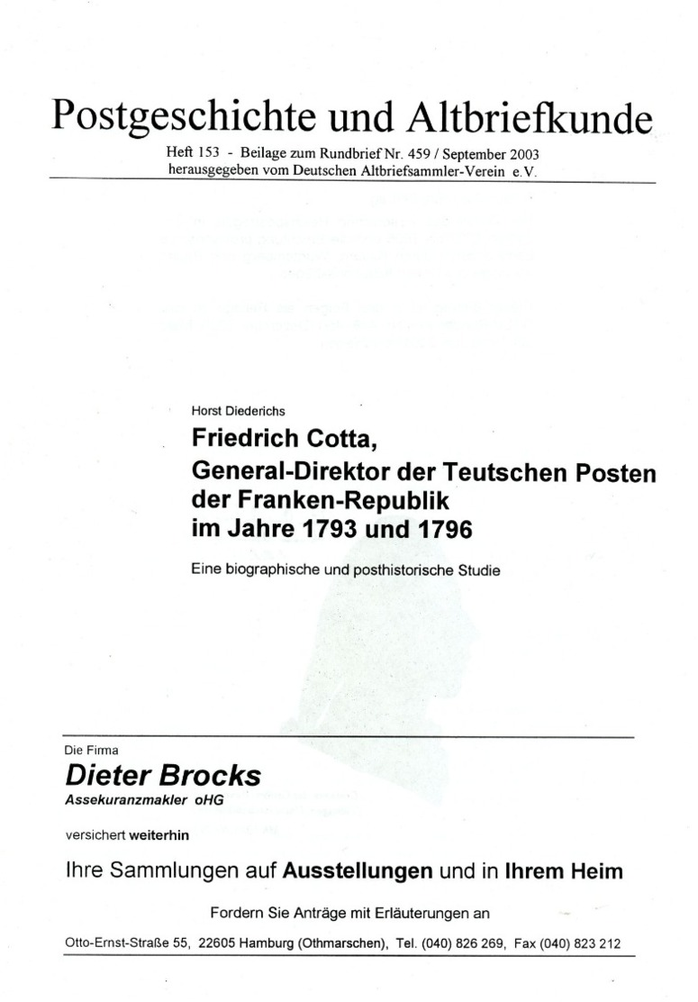 Friedrich Cotta General Direktor D. Teutschen Posten D. Franken Republik - Von Horst Diederichs  (DASV) PgA 153 Aus 2003 - Vorphilatelie