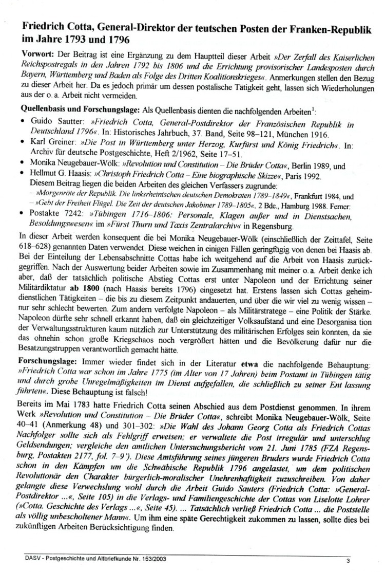 Friedrich Cotta General Direktor D. Teutschen Posten D. Franken Republik - Von Horst Diederichs  (DASV) PgA 153 Aus 2003 - Vorphilatelie
