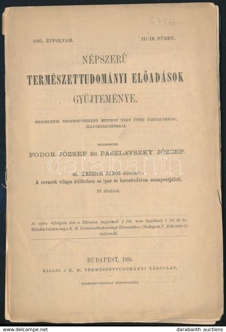 Fodor József, Paszlavszky József (szerk.): Népszerű Természettudományi Előadások Gyűjteménye. 3. Füzet. 1885-ik évfolyam - Non Classés