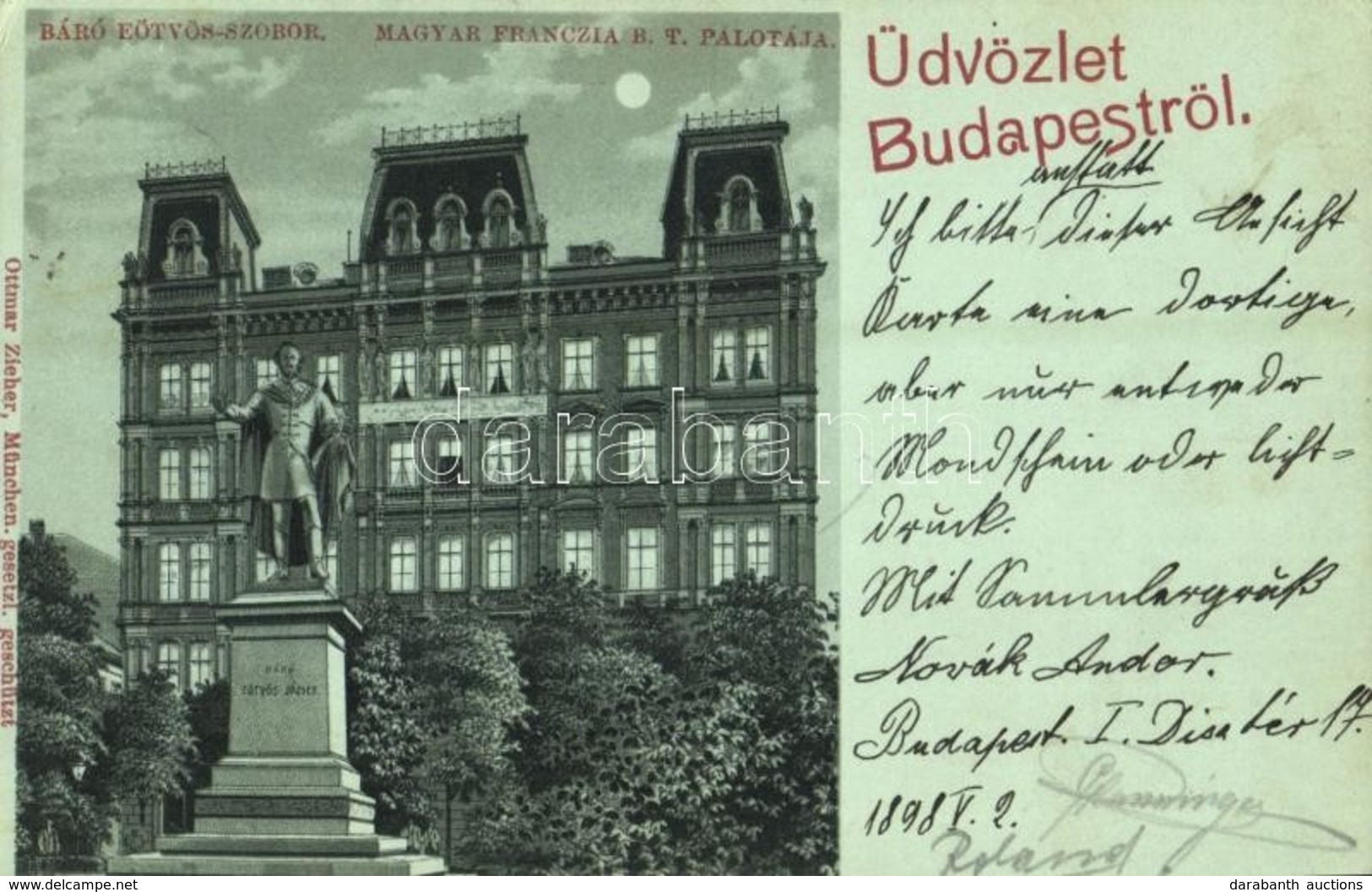 T2/T3 1898 Budapest V. Magyar-Francia Biztosító Társaság Palotája, Báró Eötvös József Szobor. Ottmar Zieher Litho (EK) - Sin Clasificación