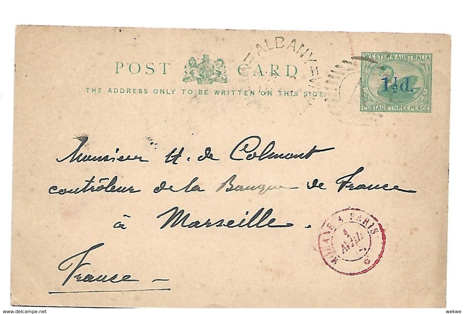 WA019/ WEST AUSTRALIEN - Zudruck Mit Neuer Postrate Nach Übersee (Frankreich, Marseille) 1893 Ex King Georges Sound - Lettres & Documents