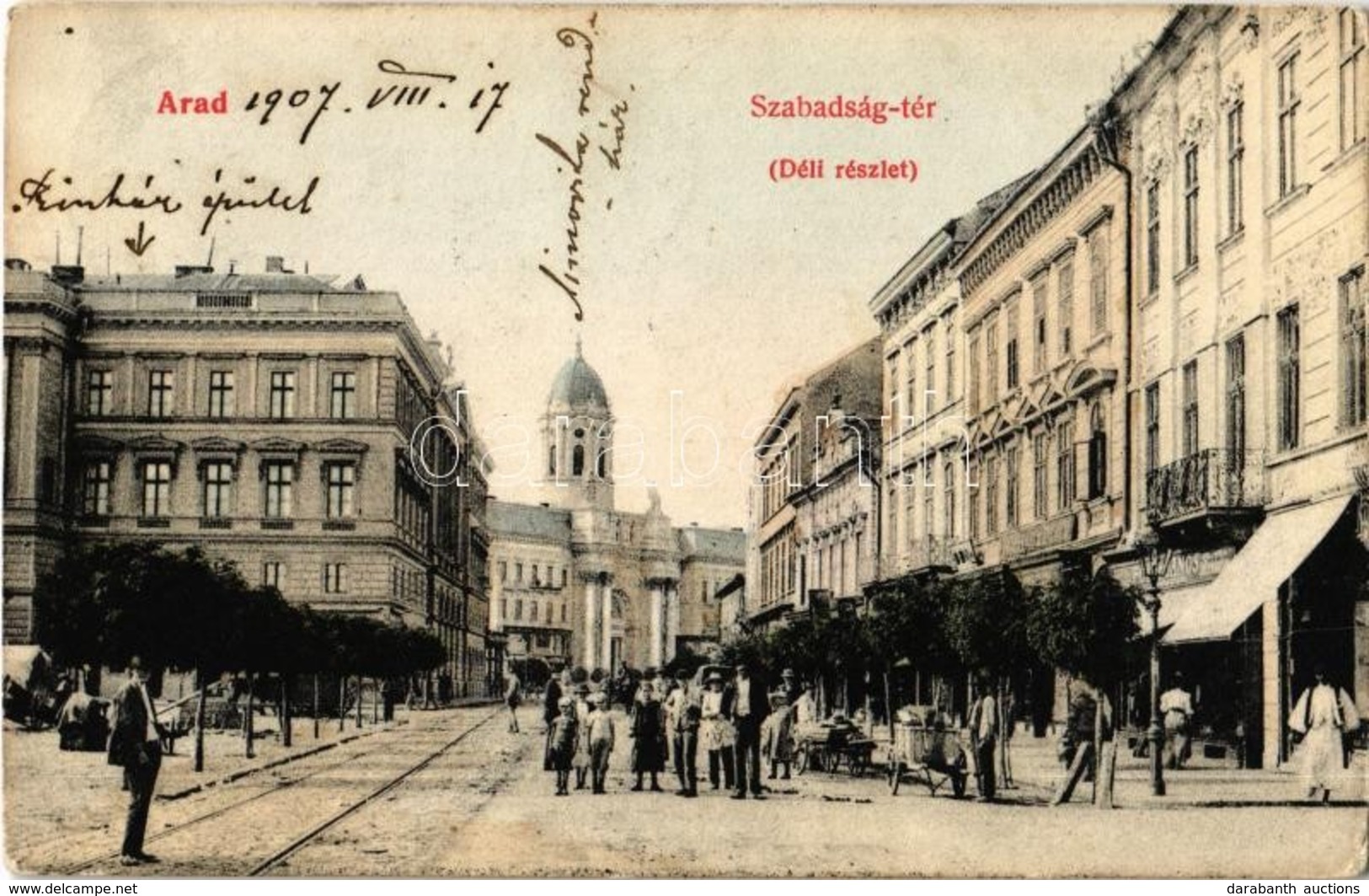 * T2/T3 1907 Arad, Szabadság Tér (déli Részlet), Minoriták Temploma és Rendháza, Színház, üzletek, árusok. Kiadja Kerpel - Ohne Zuordnung