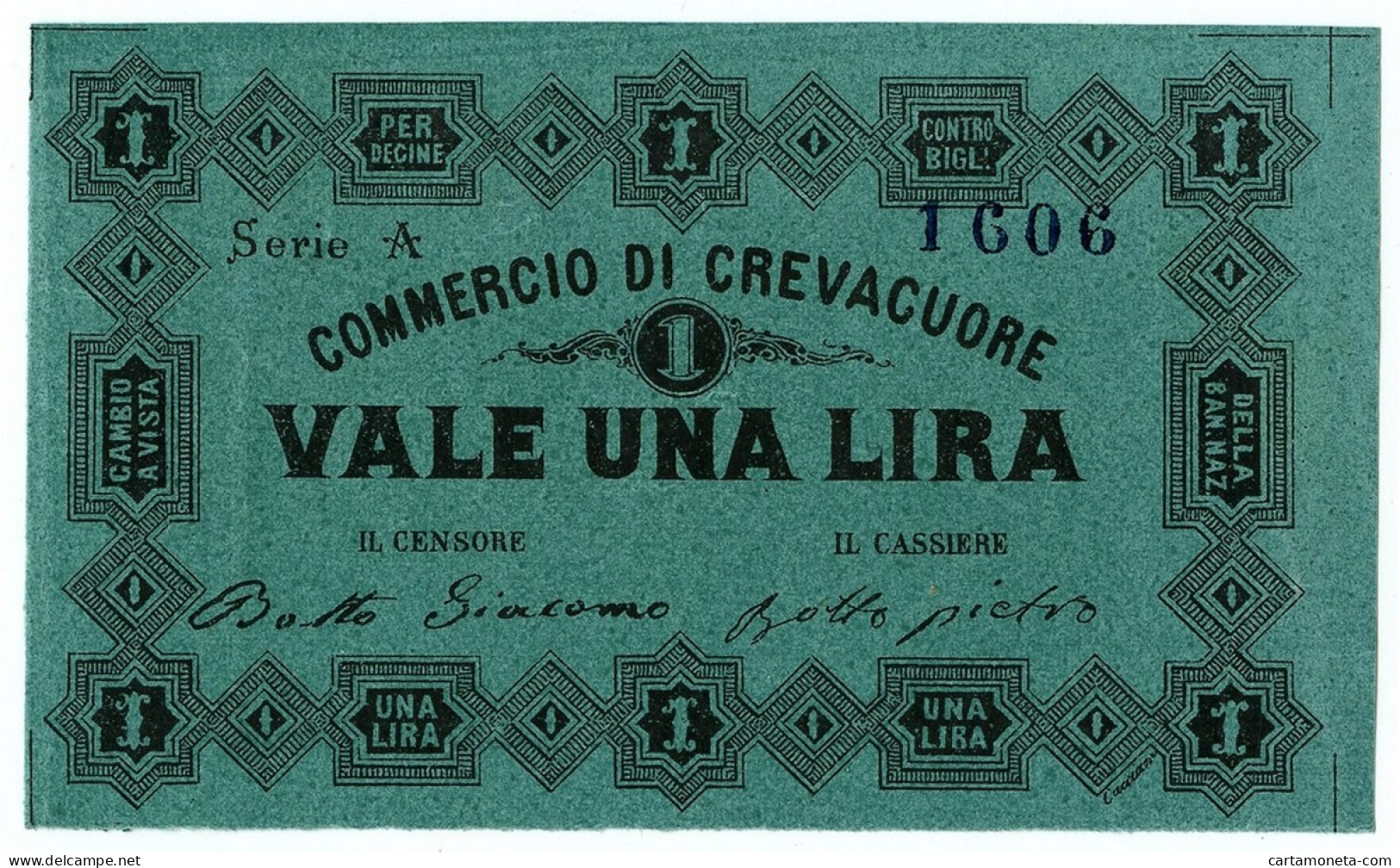1 LIRA BIGLIETTO FIDUCIARIO COMMERCIO DI CREVACUORE 1868 72 SUP - Altri & Non Classificati
