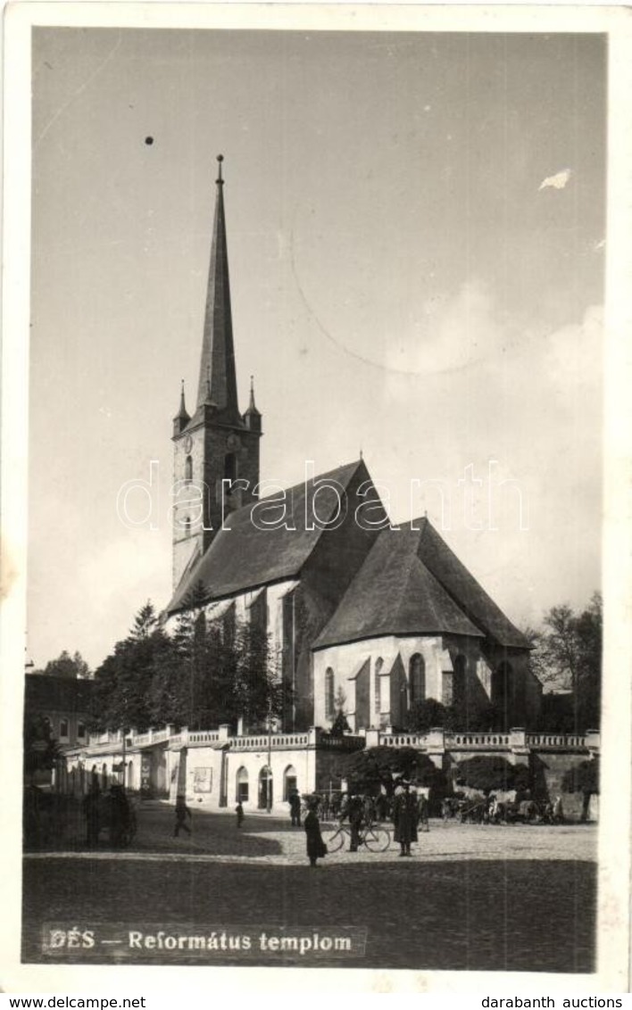 T2/T3 Dés, Dej; Református Templom, Kerékpáros / Calvinist Church, Man On Bicycle + 1940 Dés Visszatért So. Stpl. (EK) - Unclassified
